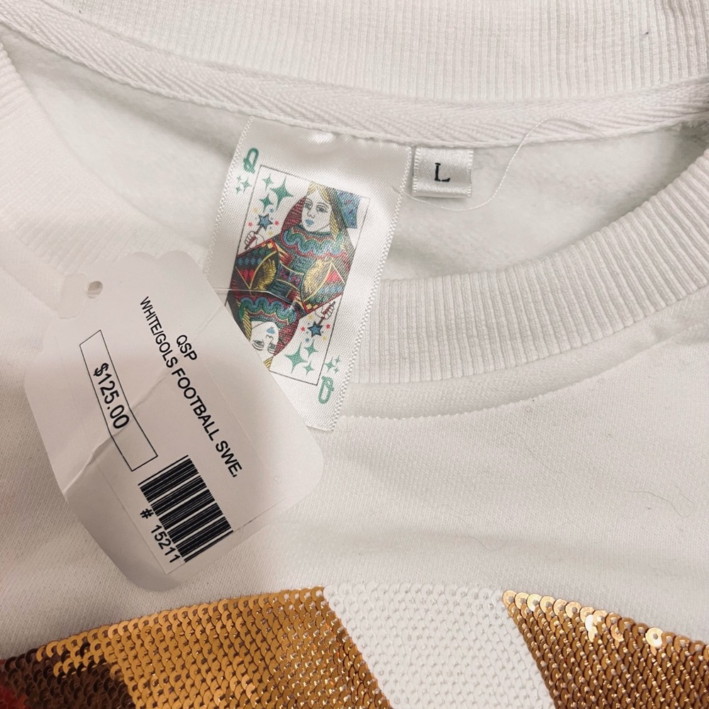 QUEEN OF SPARKLES White Sweatshirt with Gold Sequin Football - Picture 4 of 4